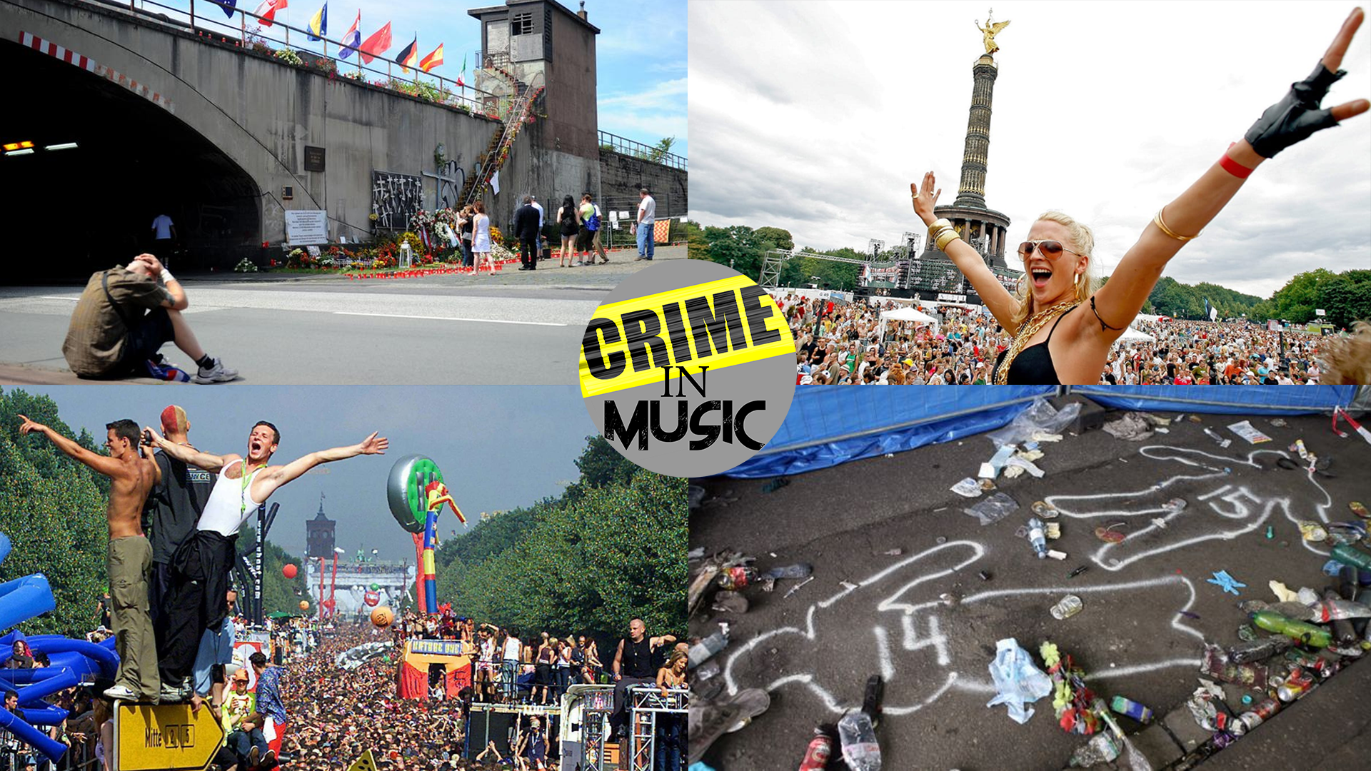 photo collage of the 2010 Love Parade Festival, fans, parade scene, concert goers